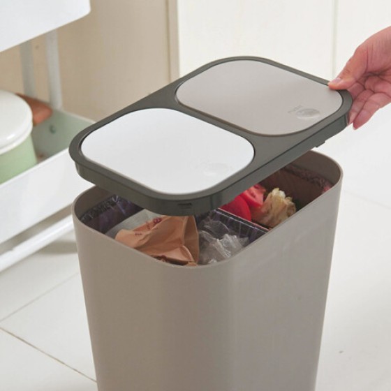 (Gray) Duo Double-Layer Recycling Bin 15L, Dual Compartment Kitchen Trash Bin